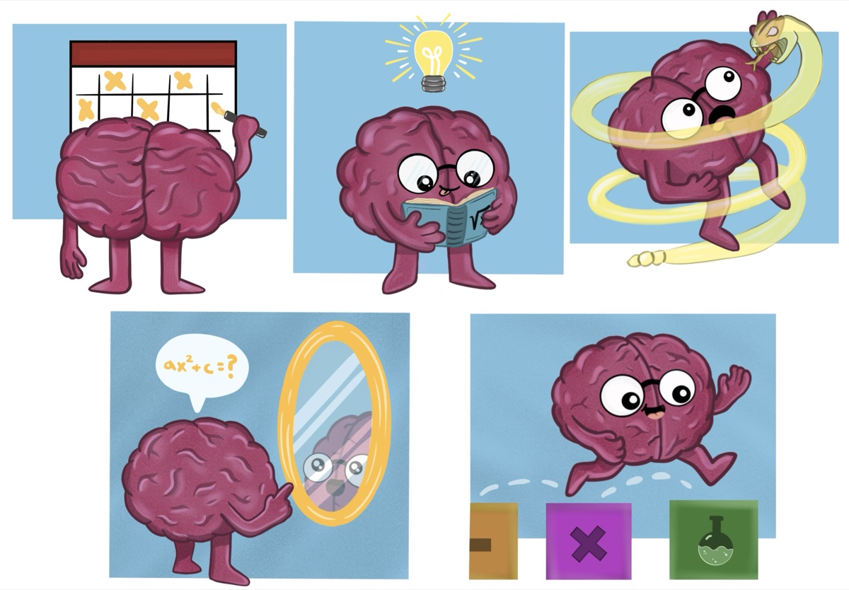 Five brain character spot illustrations: a calendar, a lightbulb, a spiral, a mirror and a jumping brain