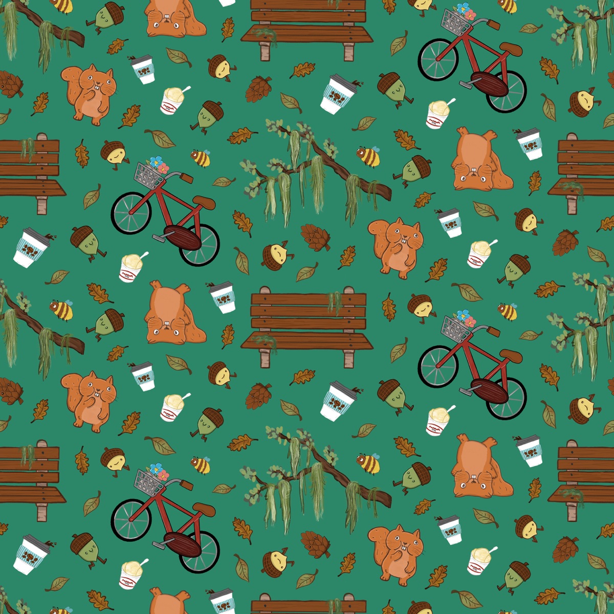 Hero pattern with squirrels, leaves, coffee cups and a bicycle on green