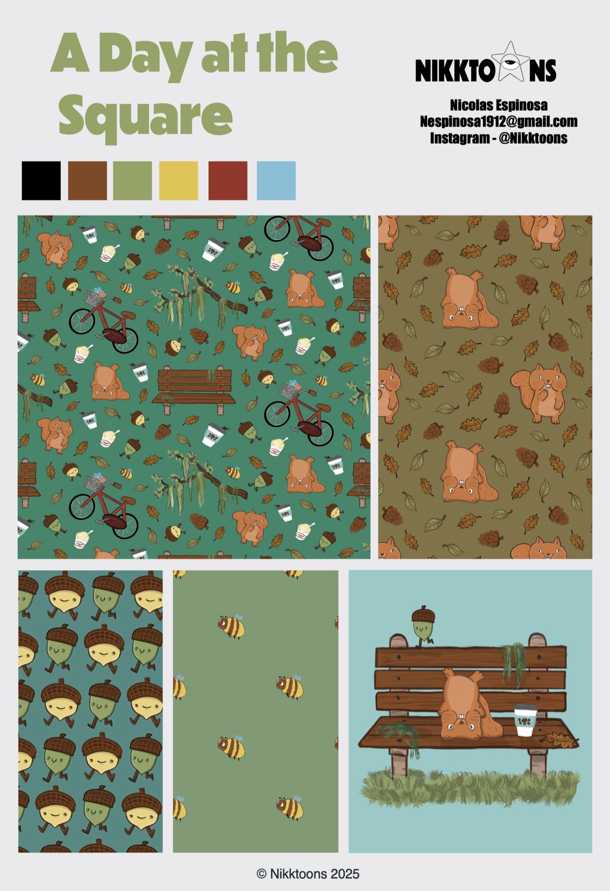 A Day at the Square sell sheet with squirrel, acorn and bee patterns