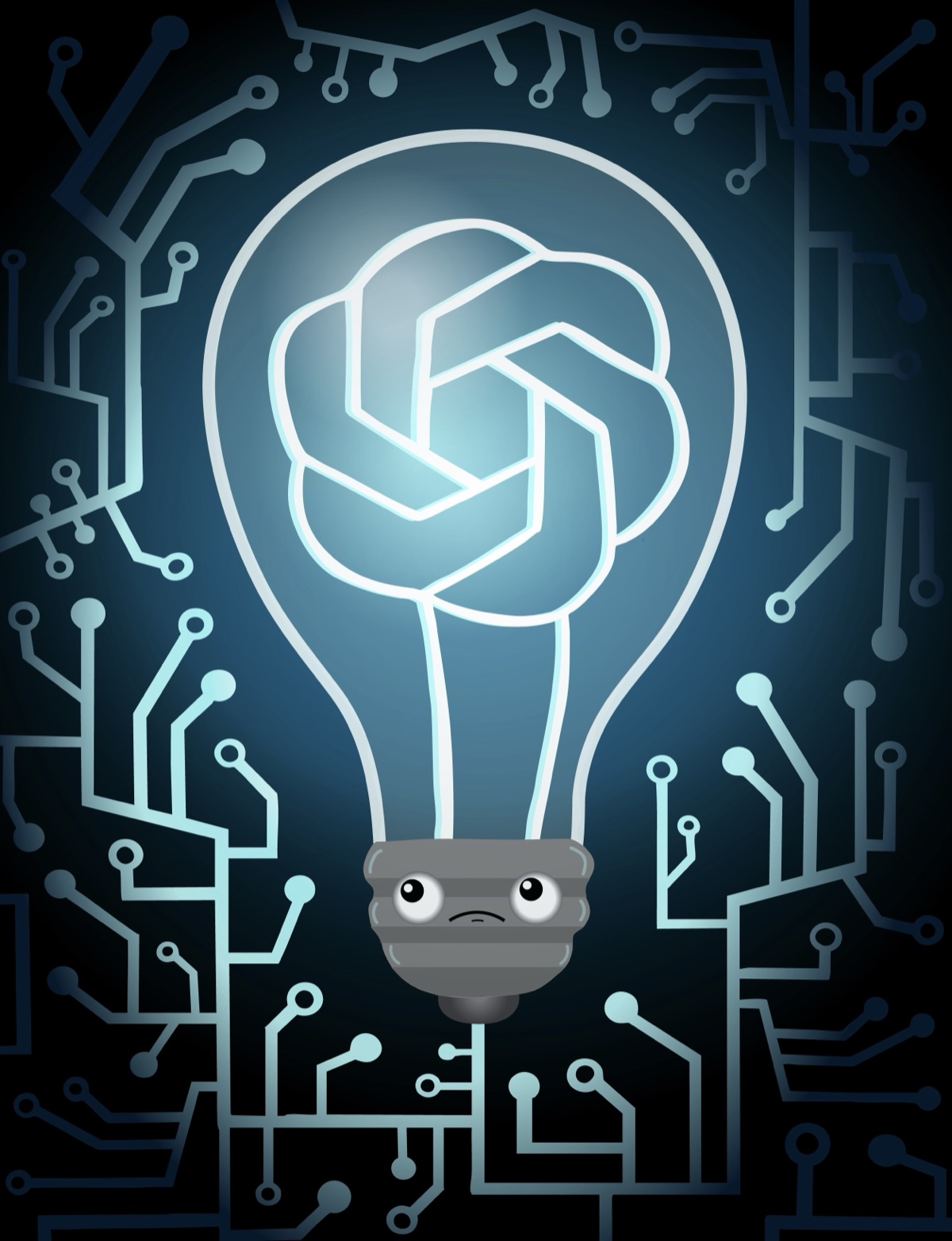 A glowing lightbulb with a knot logo inside and a sad little base, surrounded by circuit lines