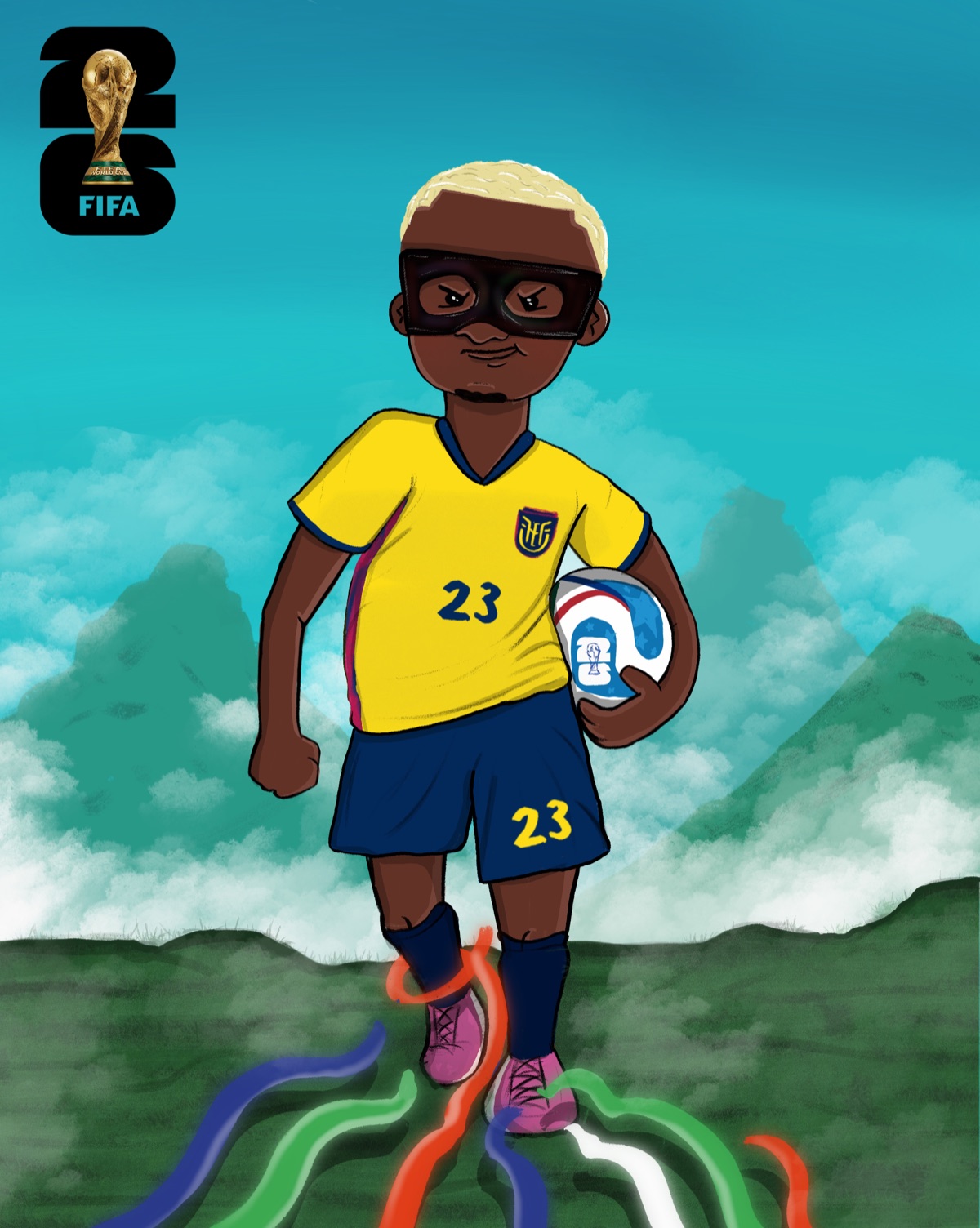 Illustrated Ecuador football player in a yellow kit and goggles kicking a ball over the Ecuadorian landscape