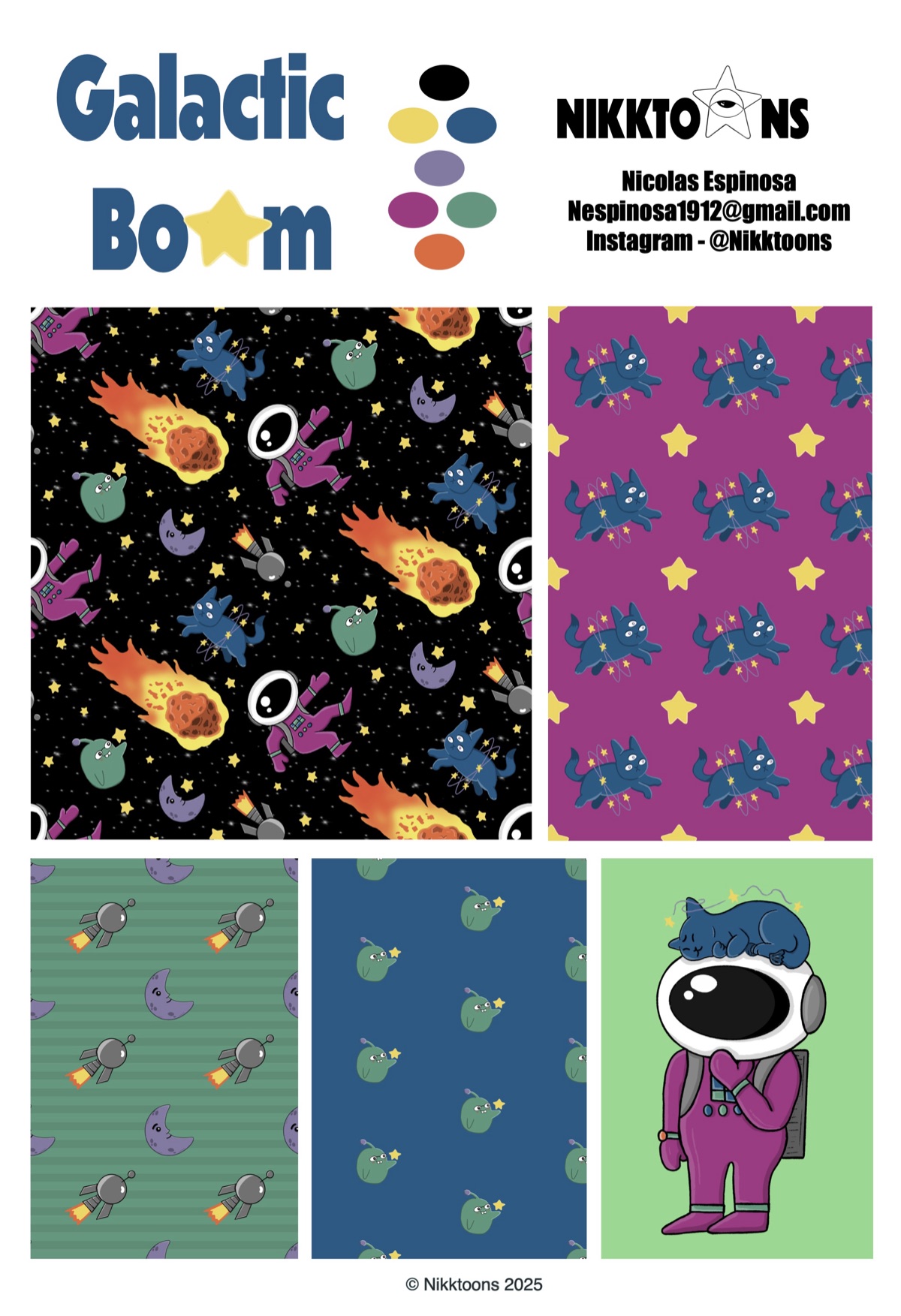 Galactic Boom sell sheet with the hero pattern, supporting patterns and an astronaut cat character