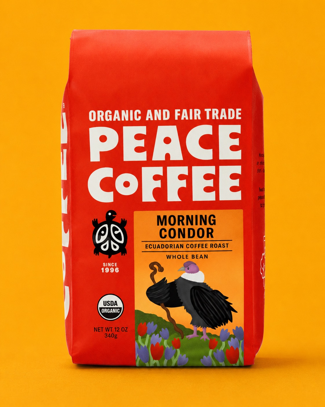 Red coffee bag with a Morning Condor label showing an illustrated Andean condor above colorful flowers, on a yellow background