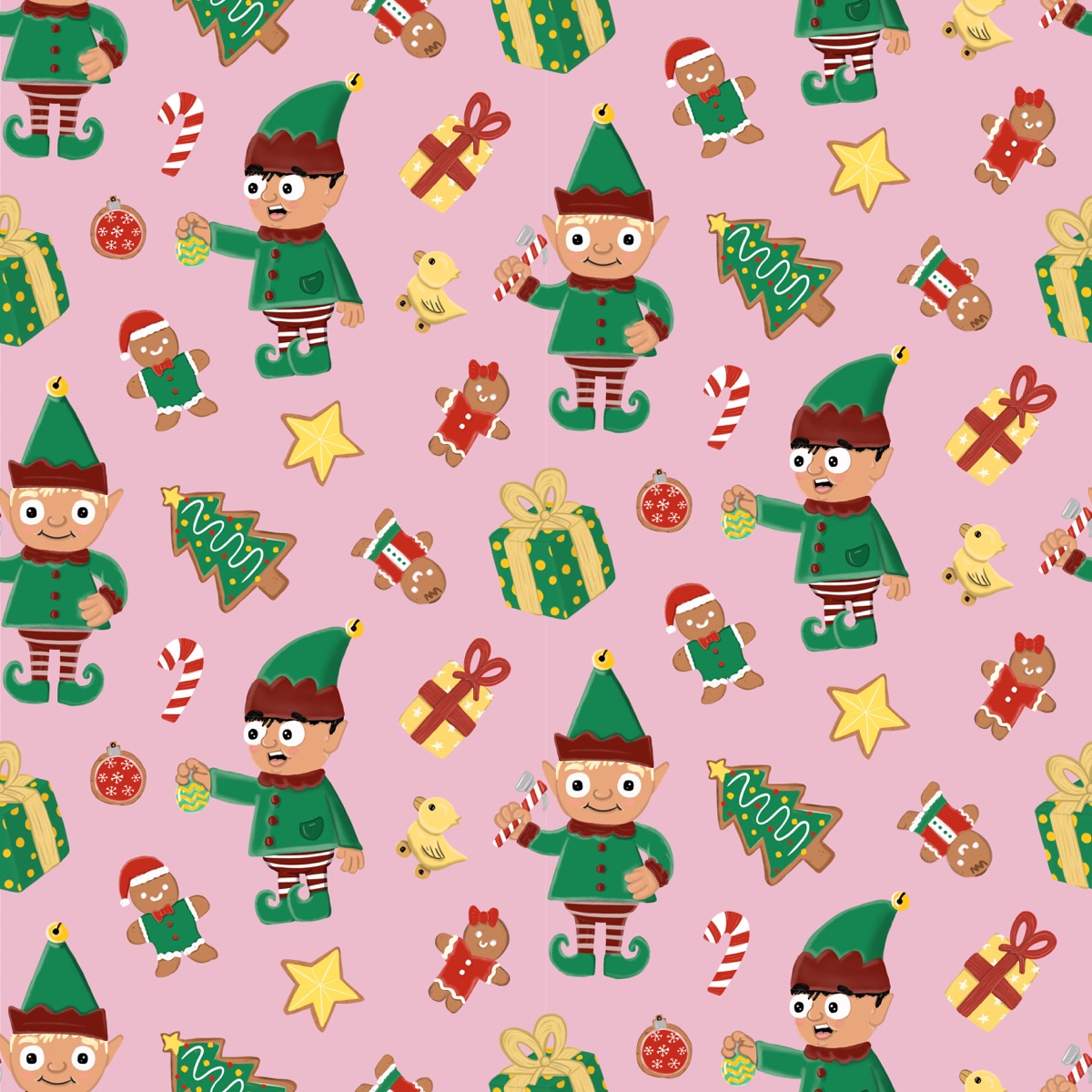 Holiday hero pattern with elves, gifts, gingerbread and candy canes on pink