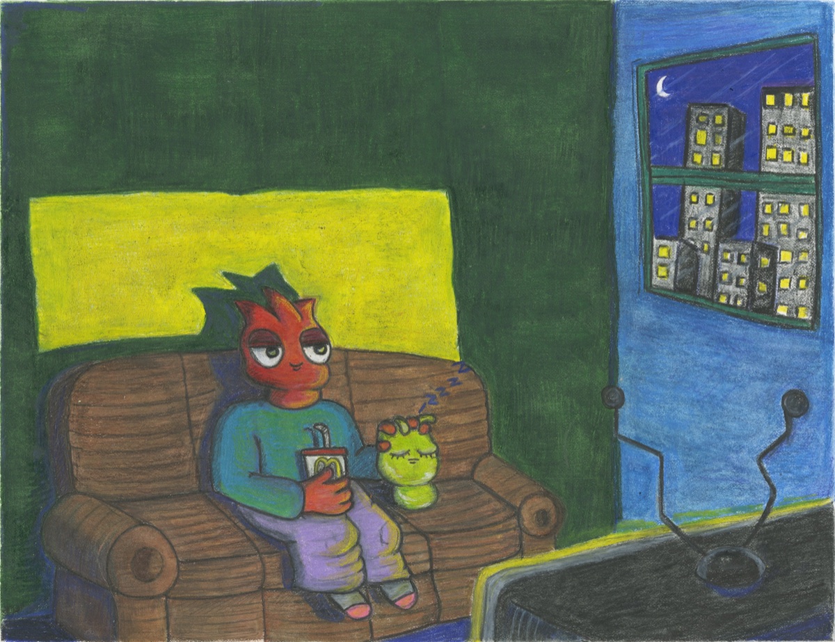 Colored pencil illustration of two characters relaxing on a brown couch in front of a TV, with a night city window
