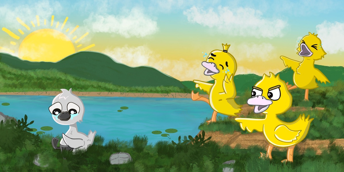 A sad grey duckling by a lake while yellow ducklings point and laugh