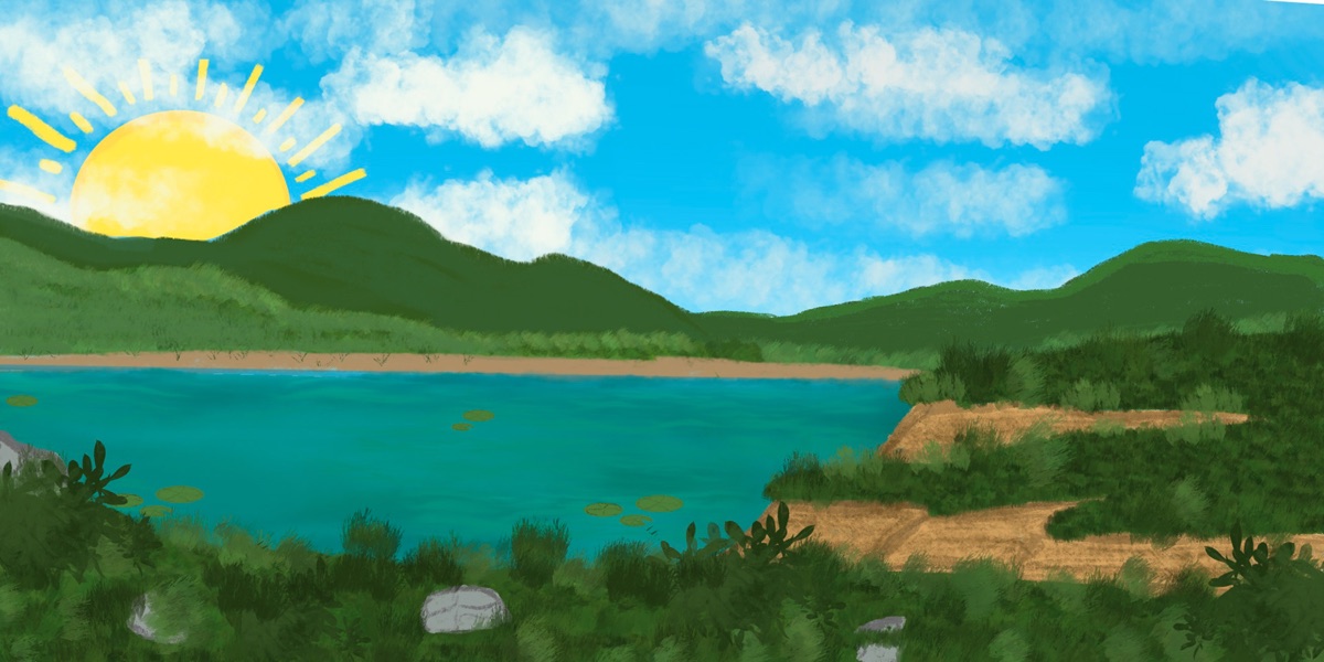 A sunny lake landscape with green hills
